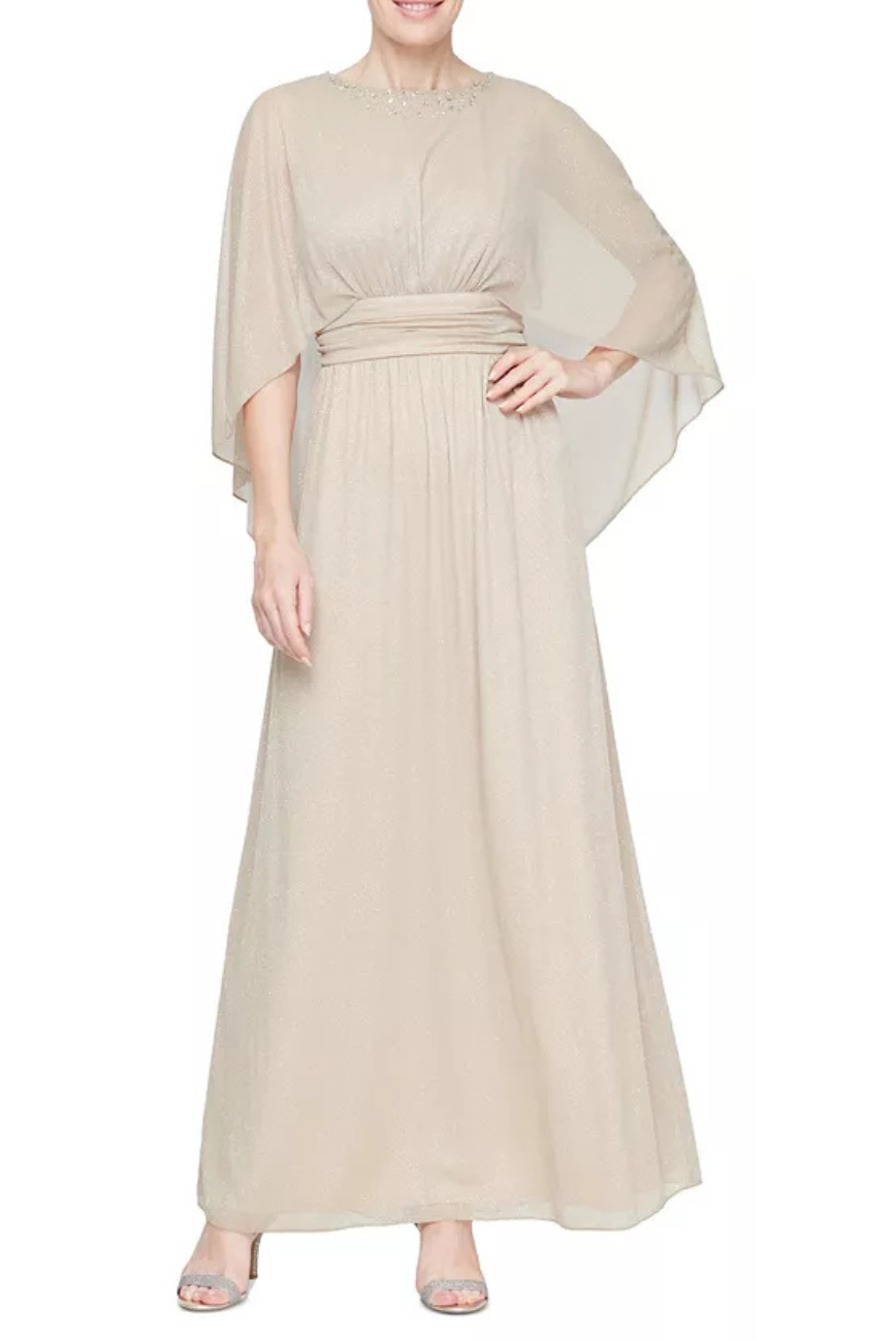 Glitter Mesh Capelet Gown