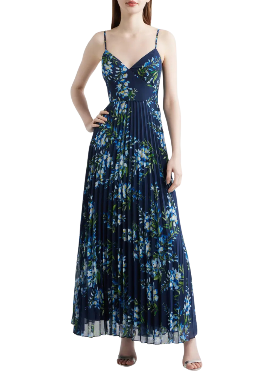 Floral Navy Pleated Maxi Dress