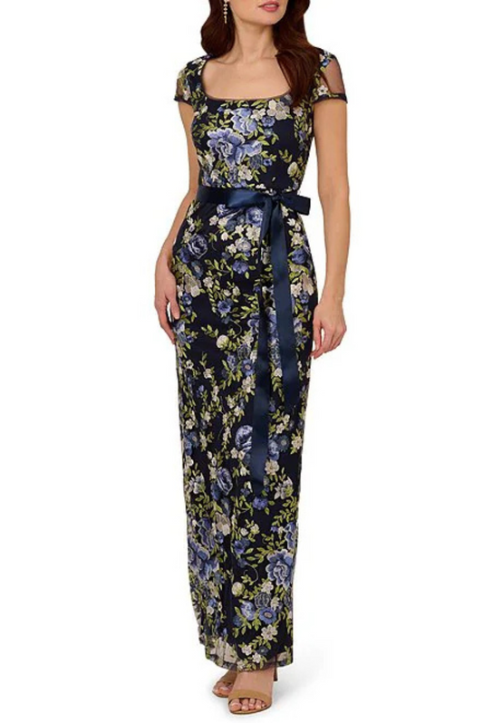 Embroidered Floral Print Gown