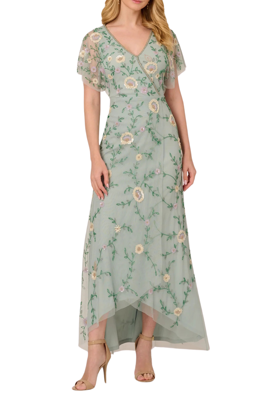 Flutter Sleeve Beaded Gown