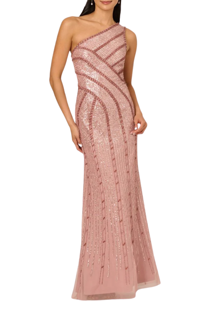 One Sided Beaded Mesh Gown
