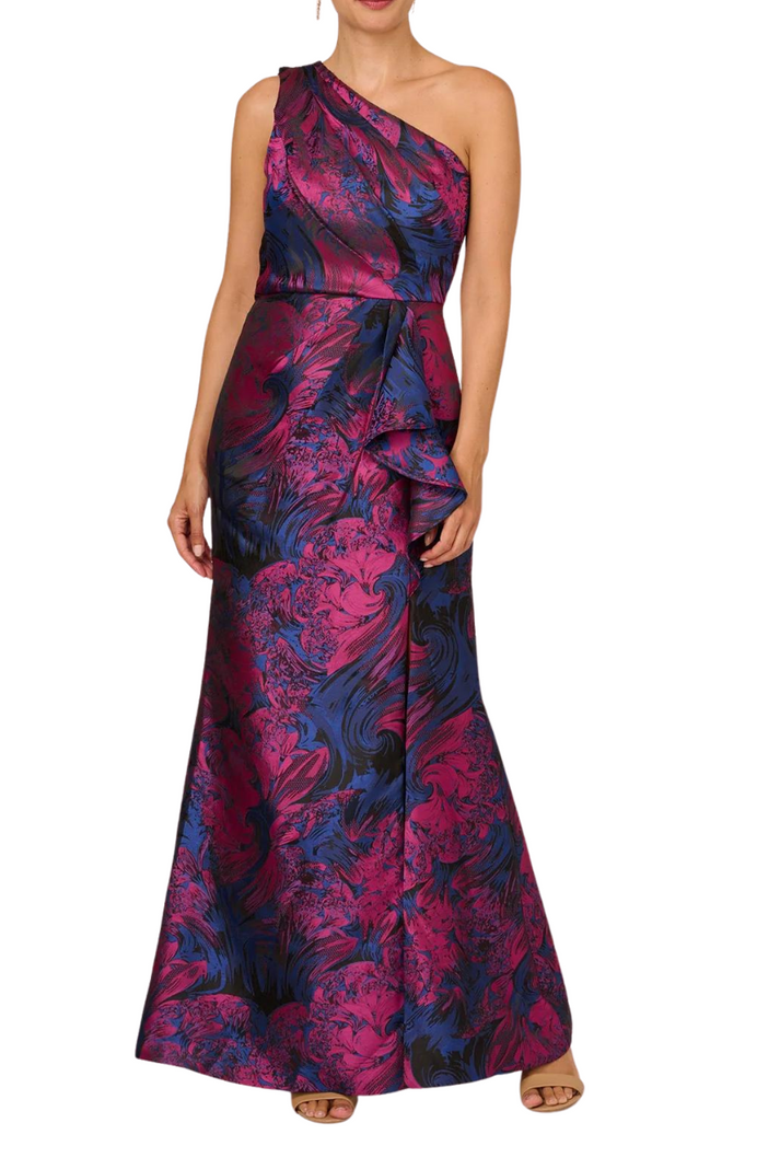 A-Line Floral Jacquard One Shoulder Floor-Length Mother of the Bride Dresses with Ruffles & Slit main image 1