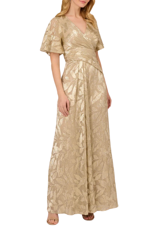 Leaf Print Metallic Gown