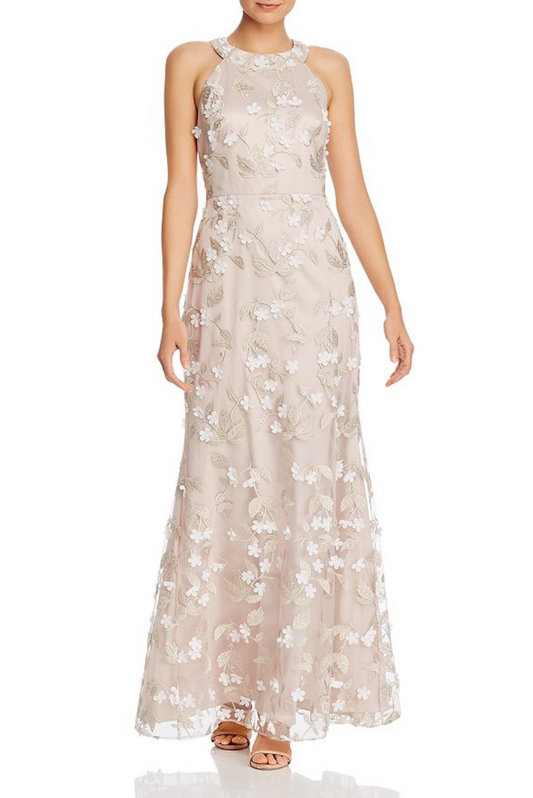 Embroidered Halter Gown