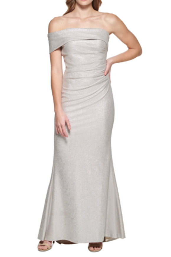 Metallic Knit One Shoulder Gown