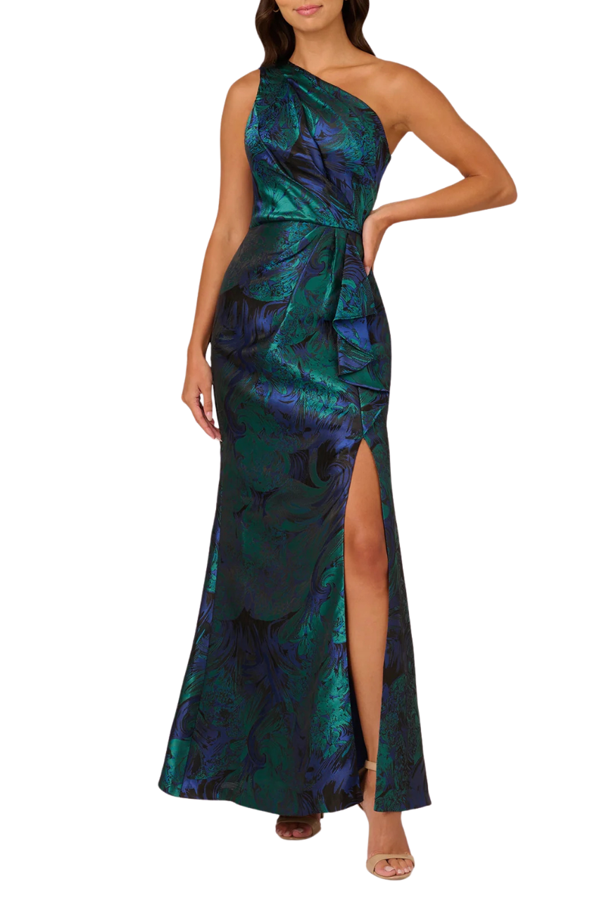 Floral Jacquard One Shoulder Gown