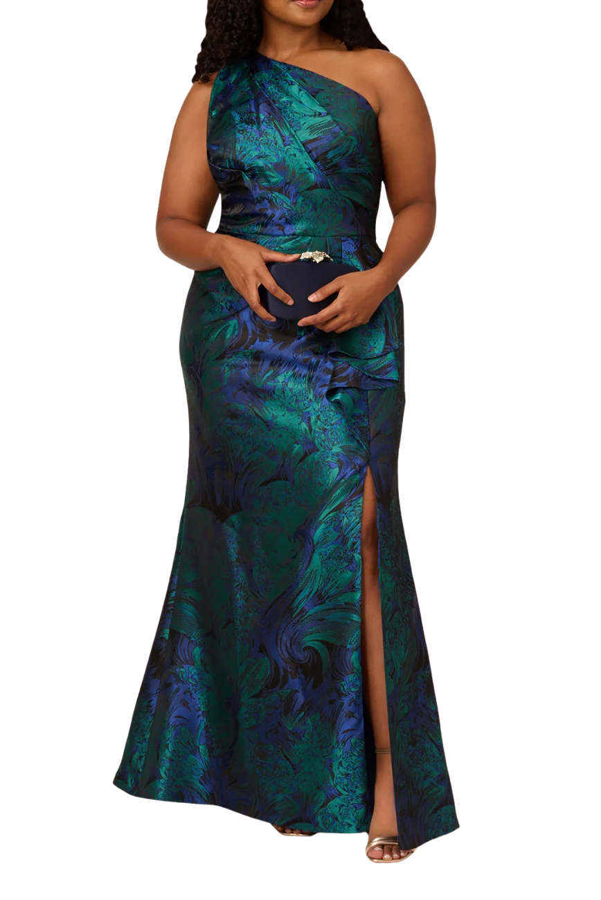 Floral Jacquard One Shoulder Gown