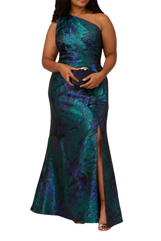 Floral Jacquard One Shoulder Gown