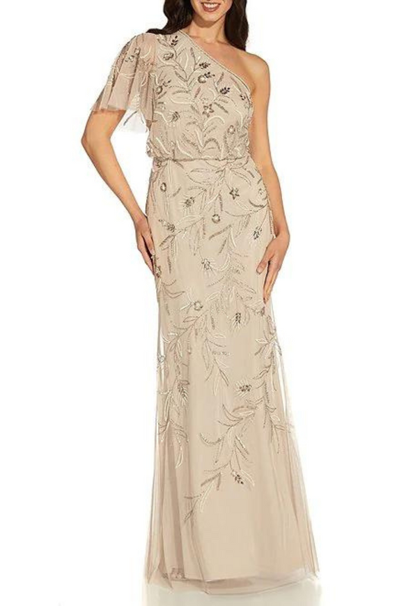 Floral Beaded One Shoulder Gown